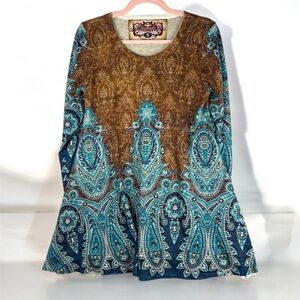 Anna Blue and Bronze Graphic Tunic Dress Long Sleeve Small USA Made